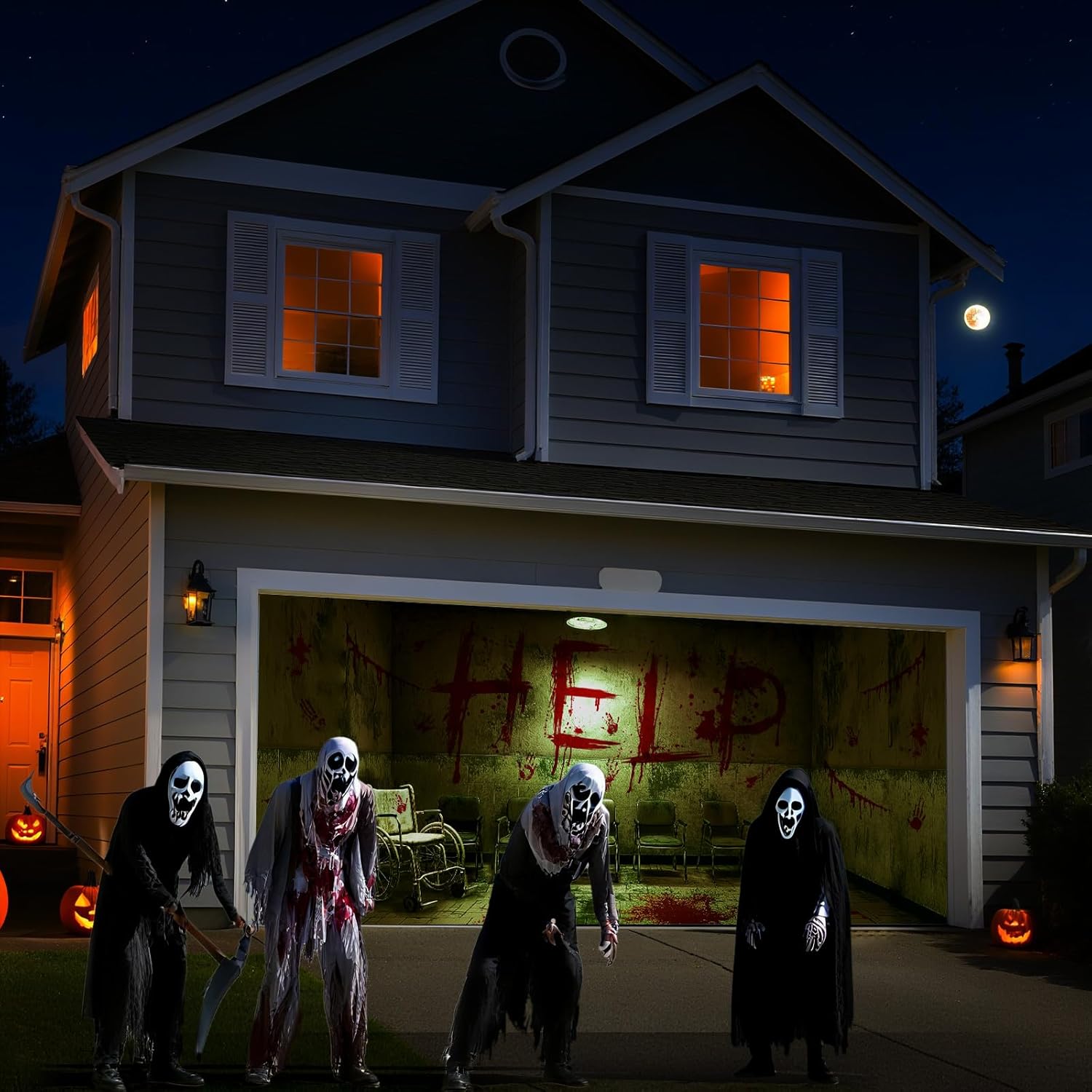 Jenaai 16 x 7 ft Halloween Garage Door Cover Banner Decoration Large Scary Bloody Wheelchair Haunted Backdrop Halloween Garage Wall Decor Spooky Horror Night Backdrop Background for Outdoor Yard Decor