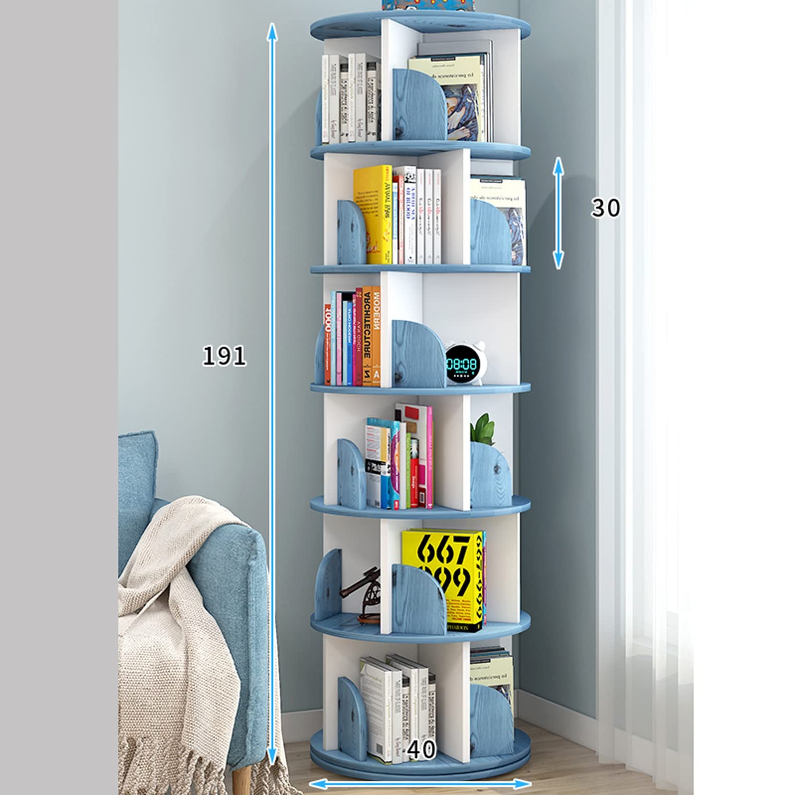 Floortoceiling - Libreria rotante per bambini, 360 gradi, per libri illustrati per bambini, colore: blu, 40 x 191 cm