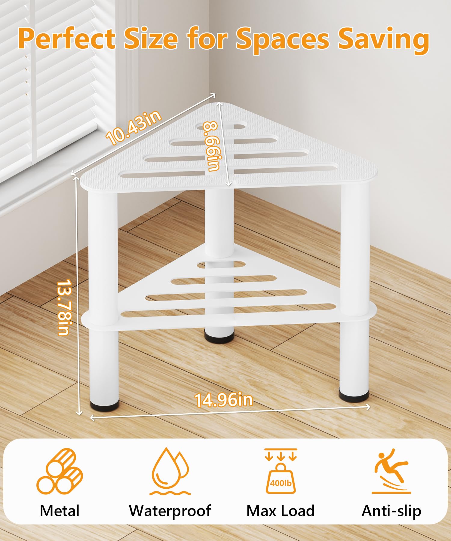 Taburete esquinero de ducha para afeitarse las piernas, 2 niveles, resistente al óxido con almacenamiento | Banco de pie de ducha antideslizante e impermeable, color blanco, de metal, pequeño escalón de spa para ducha interior