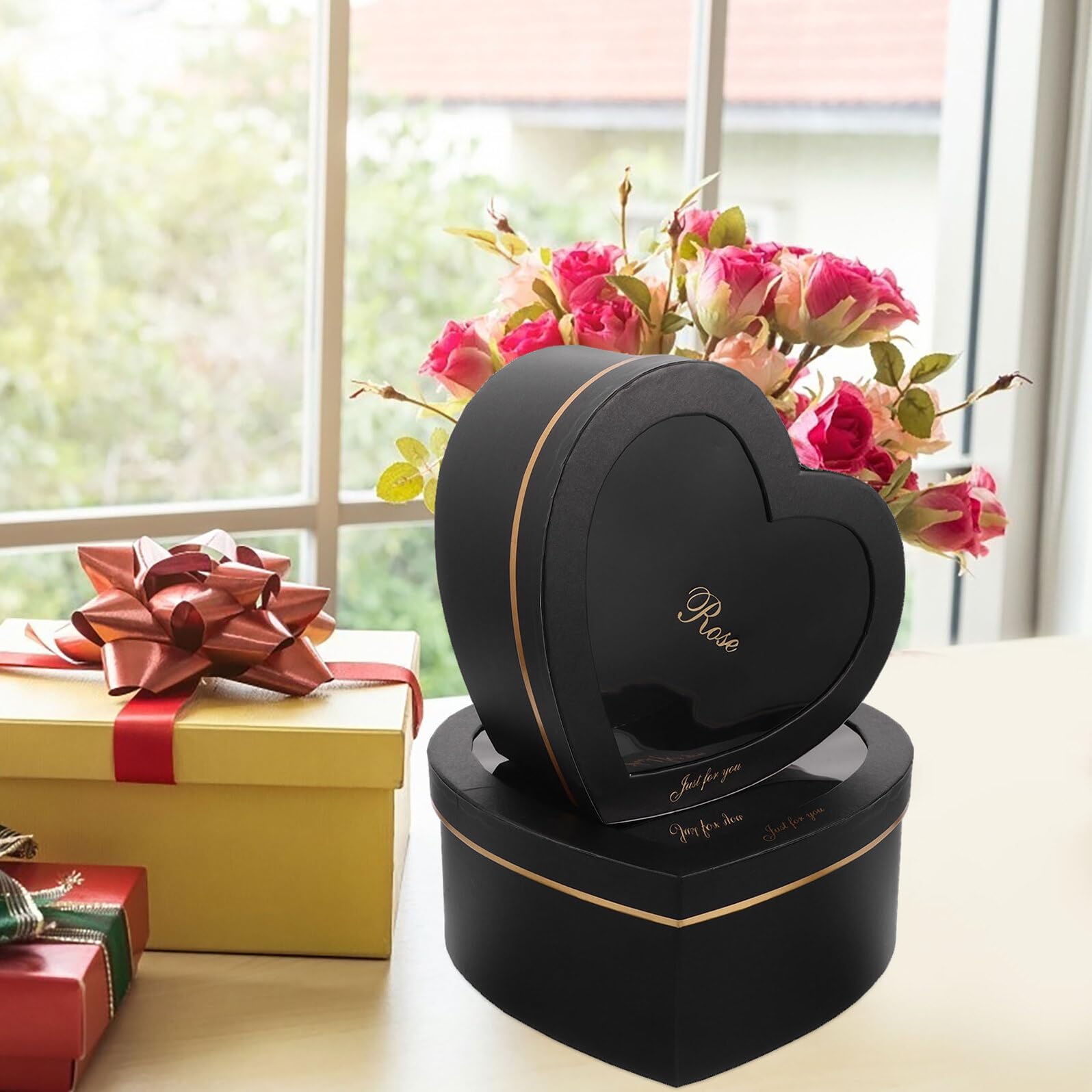 VALICLUD Herzförmige Geschenkboxen zum Selbermachen Schwarze Blumenboxen mit Sichtfenster Selbstgemacht Valentinstag Geschenkboxen für Parfum und Make Up 2 Stück (großformat Klein)