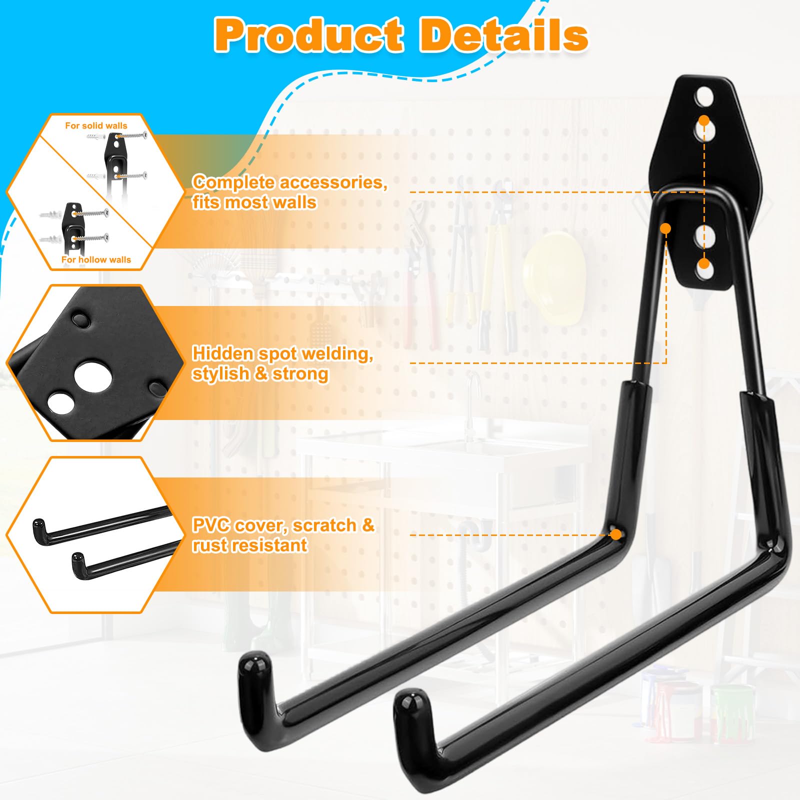 Set di ganci da 16 pezzi, ganci da parete con rivestimento antiscivolo per carichi pesanti per riporre utensili elettrici, attrezzi da giardino, scale, tubi flessibili