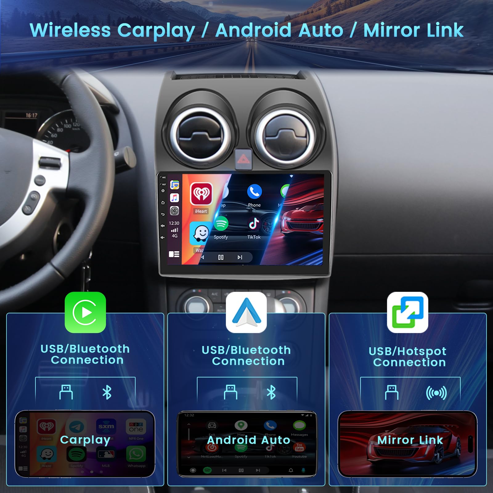 2+64G Android Autoradio per Nissan Qashqai J10 2006-2016 con Wireless Carplay&Android Auto, 9'' IPS Touchscreen Radio con Bluetooth/GPS/Telecamera di Retromarcia/FM/WiFi/SWC/26UI