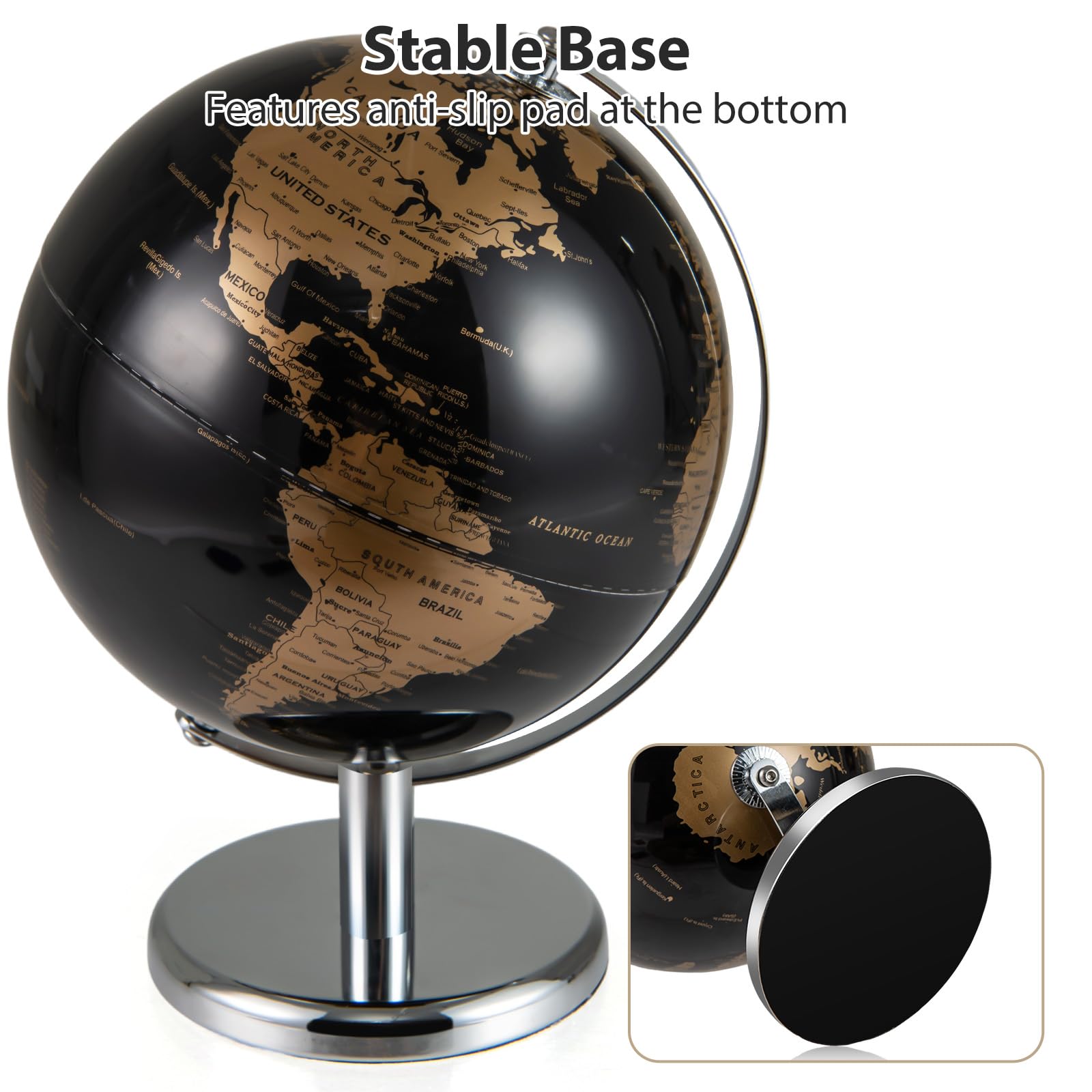 LIFEZEAL Globe terrestre antique de 20 cm avec pied en métal argenté - Pour étudiants et adultes - Décoration pour salle de classe, maison, bureau (Noir+Doré)