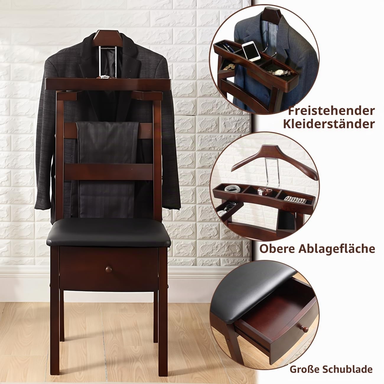 Natur Herrendiener mit Kleiderbügel Accessoire-Fach und Hosenbügeln Stuhl Valet aus Holz mit Schubladen Diener Kleiderständer faltenfreie Anzüge für Schlafzimmer Stummer Diener Damen Herren