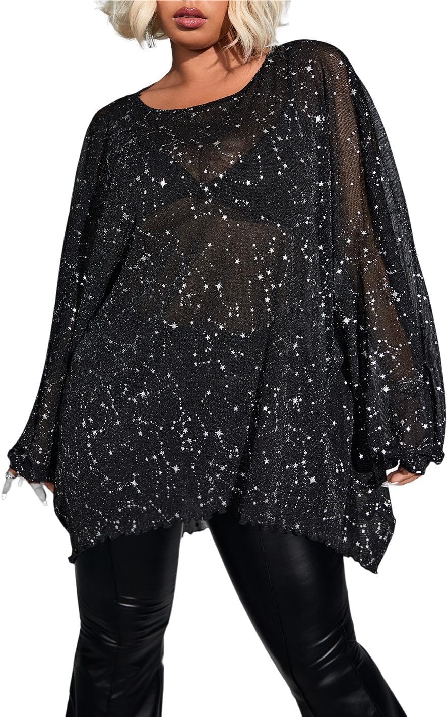 WDIRARA Women's Plus Size Star Print Mesh Glitter Round Neck Long Sleeve Oversized Sparkly Tee Top Large Plus Black