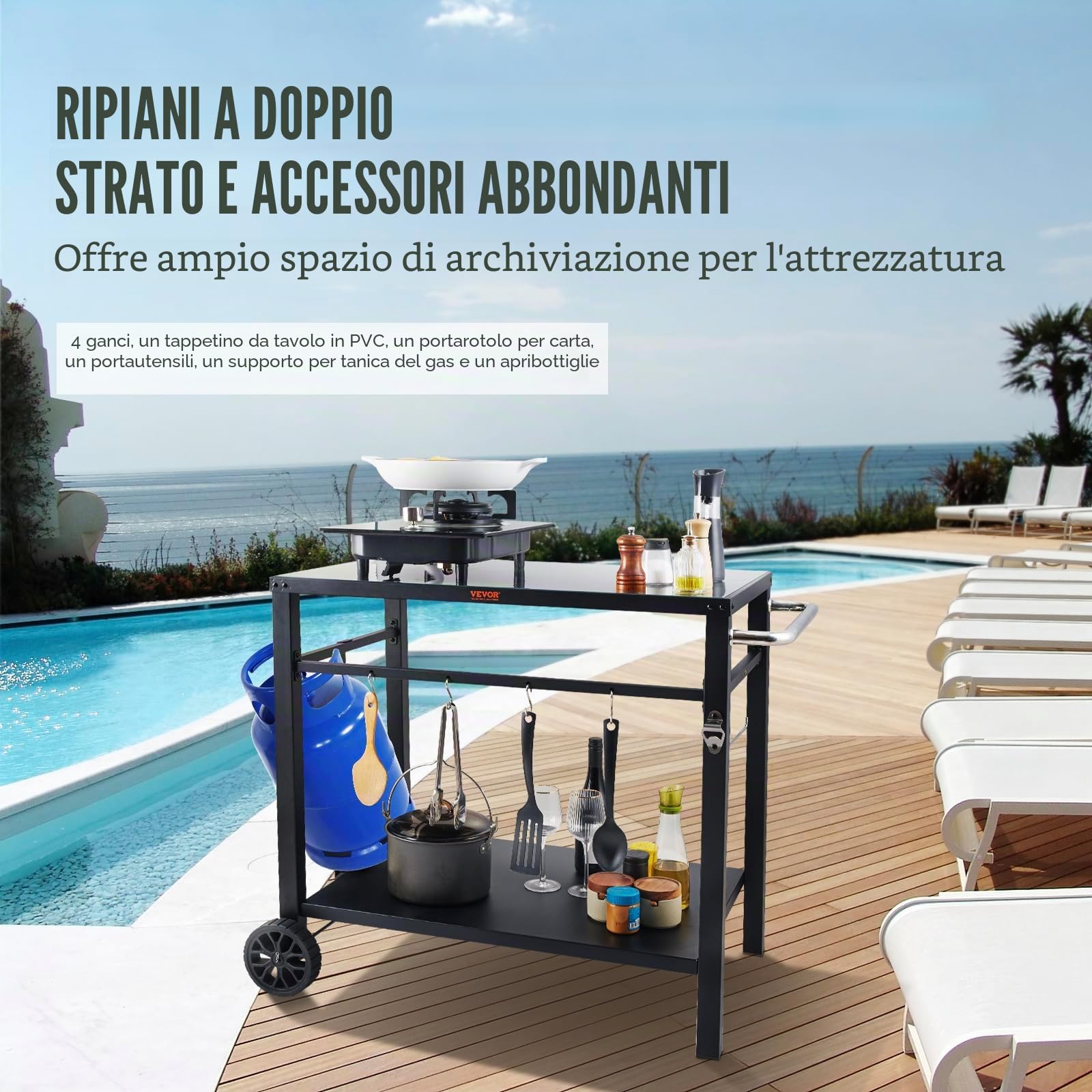 VEVOR Carrello da Pranzo per BBQ da Esterno con Doppio Ripiano, Tavolo Mobile Preparazione degli Alimenti per Barbecue, Piano Multifunzionale in Ferro Pieghevole, Carrelli da Esterno 1000x640x835mm