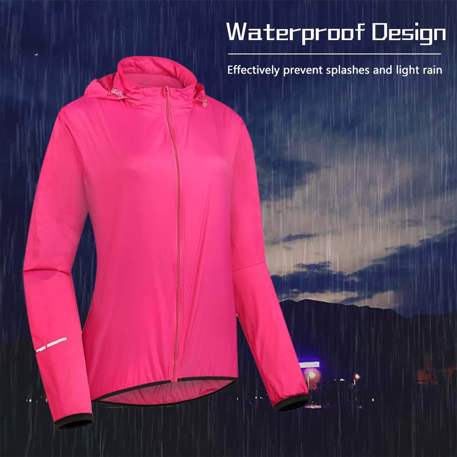 Giacca da Ciclismo Donna Impermeabile Traspirante Giacca Antipioggia Sottile Cappotto da Bici con Cappuccio Riflettente Antivento Ripiegabile Giacca a Vento da Esterno