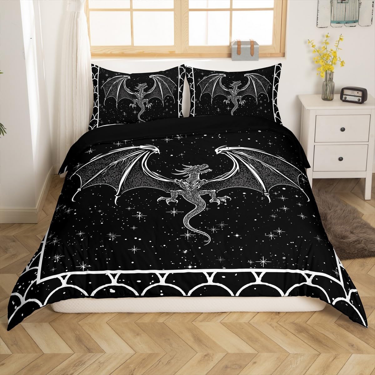 Western Dragon Duvet Cover Set Toddler Size,Cartoon Fantasy Wild Animal Black Reversible Quilt Cover for Kids Boys Girls Sparkling Stars Galaxy Scale Plaid Bedding Set with 1 Pillowcase,No Comforter