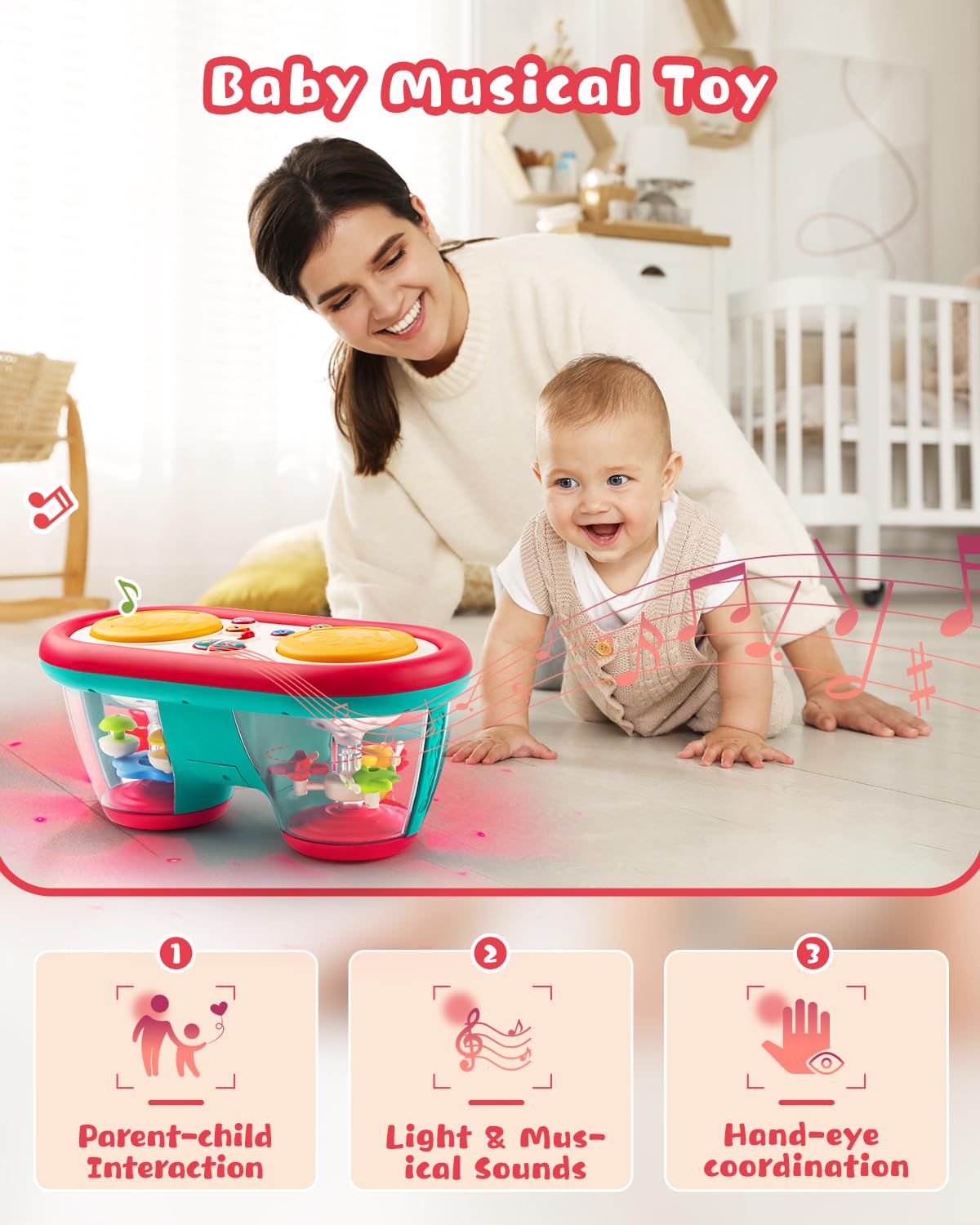 Juguetes para bebés de 6 a 12 meses, instrumentos musicales de tambor, juguetes giratorios con luz para niños de 12 a 18 meses, juguetes para el tiempo boca abajo para bebés de 0-3-6-9 meses, 2