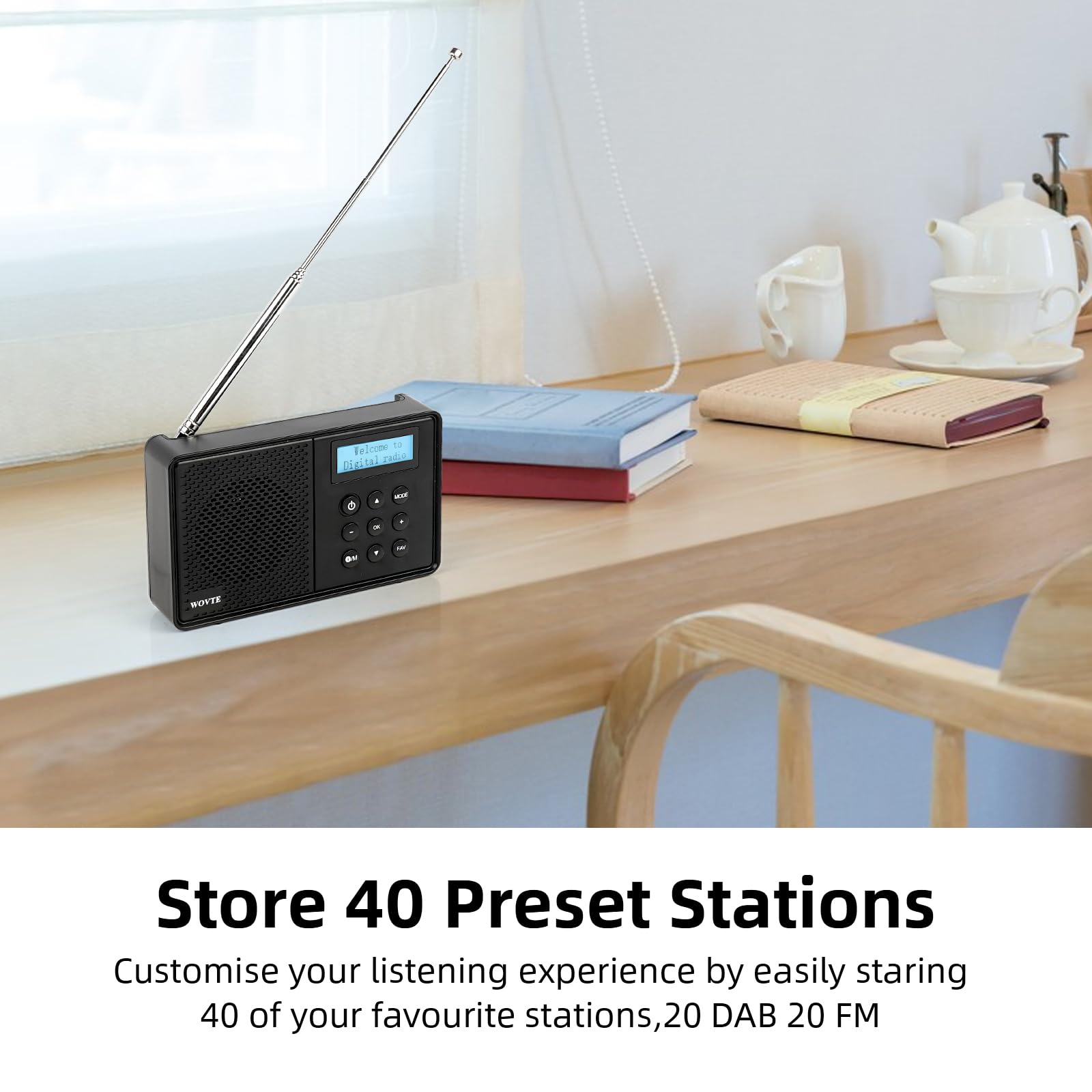 WOVTE DAB+ Digital Radio - Portable, Rechargeable & Mains Powered with Bluetooth, 40 Presets, LED Display, Alarm Clock, Sleep Timer & Headphone Socket — view 4