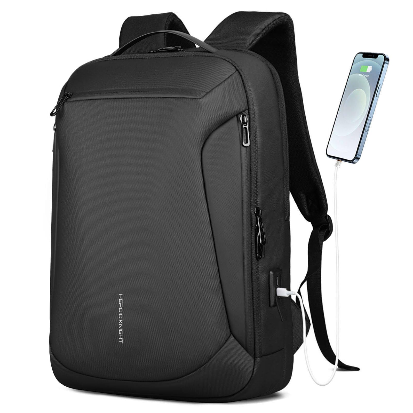 Laptop Backpack with USB Charging Port, Slim Work Travel Backpack with Lockable Zipper Fits 15.6 Inch Computer, Waterproof Lightweight Commute Business Backpacks for Men Women, Black