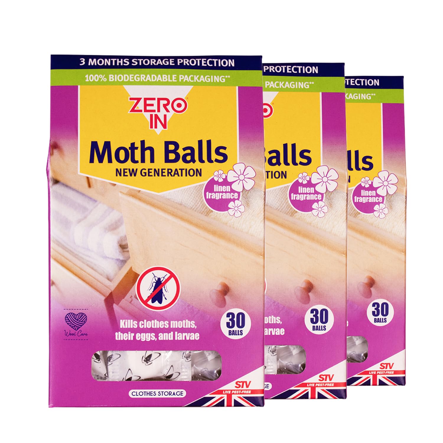 Zero In New Generation Moth Balls - Effective Moth Killer for Wardrobes - Up to 3-Months Protection - Advanced Transfluthrin Formula - Drawers, and Storage Bags – Multipack 30 X3