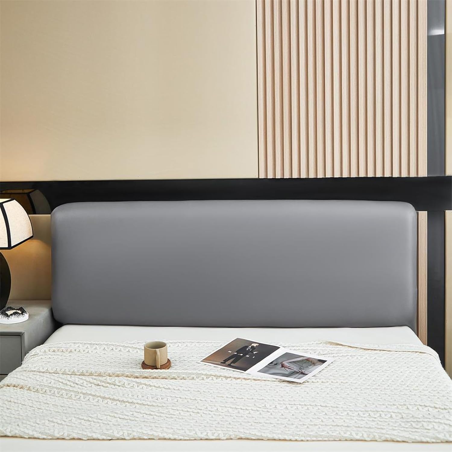 Leather PU Bed Headboard Slipcover for Queen Full Cal King, Waterproof Stretch Headboard Cover Dustproof Protector Cover for Headbaord Bedroom Decor(Gray,Full:120cm(47.24inch))