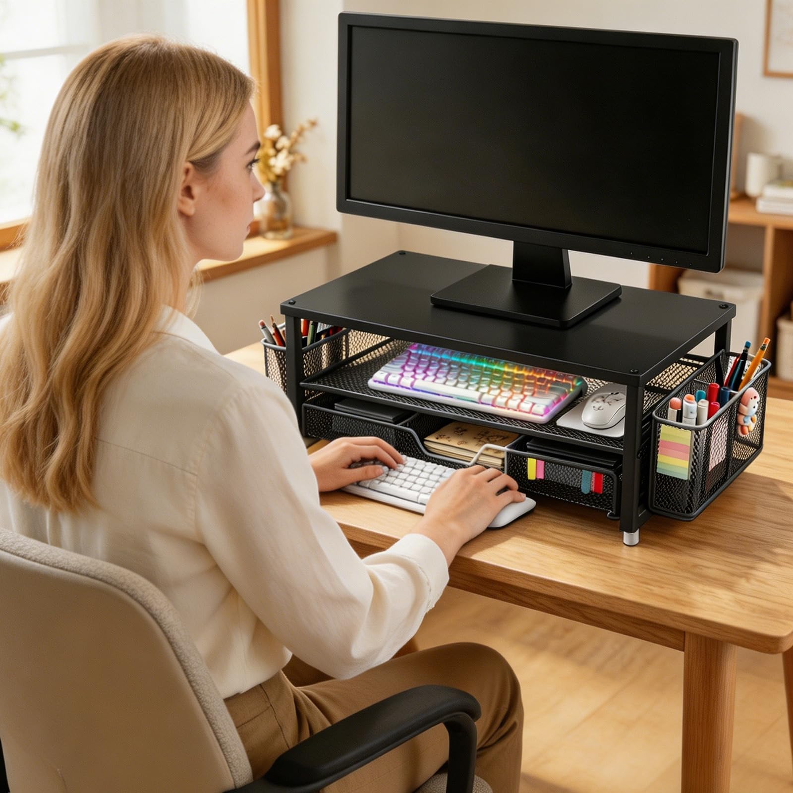 Rialzo per monitor, supporto ergonomico per monitor con cassetto e 2 portapenne, organizer da scrivania per schermo laptop, supporto da scrivania come accessorio da ufficio per postazione di lavoro e