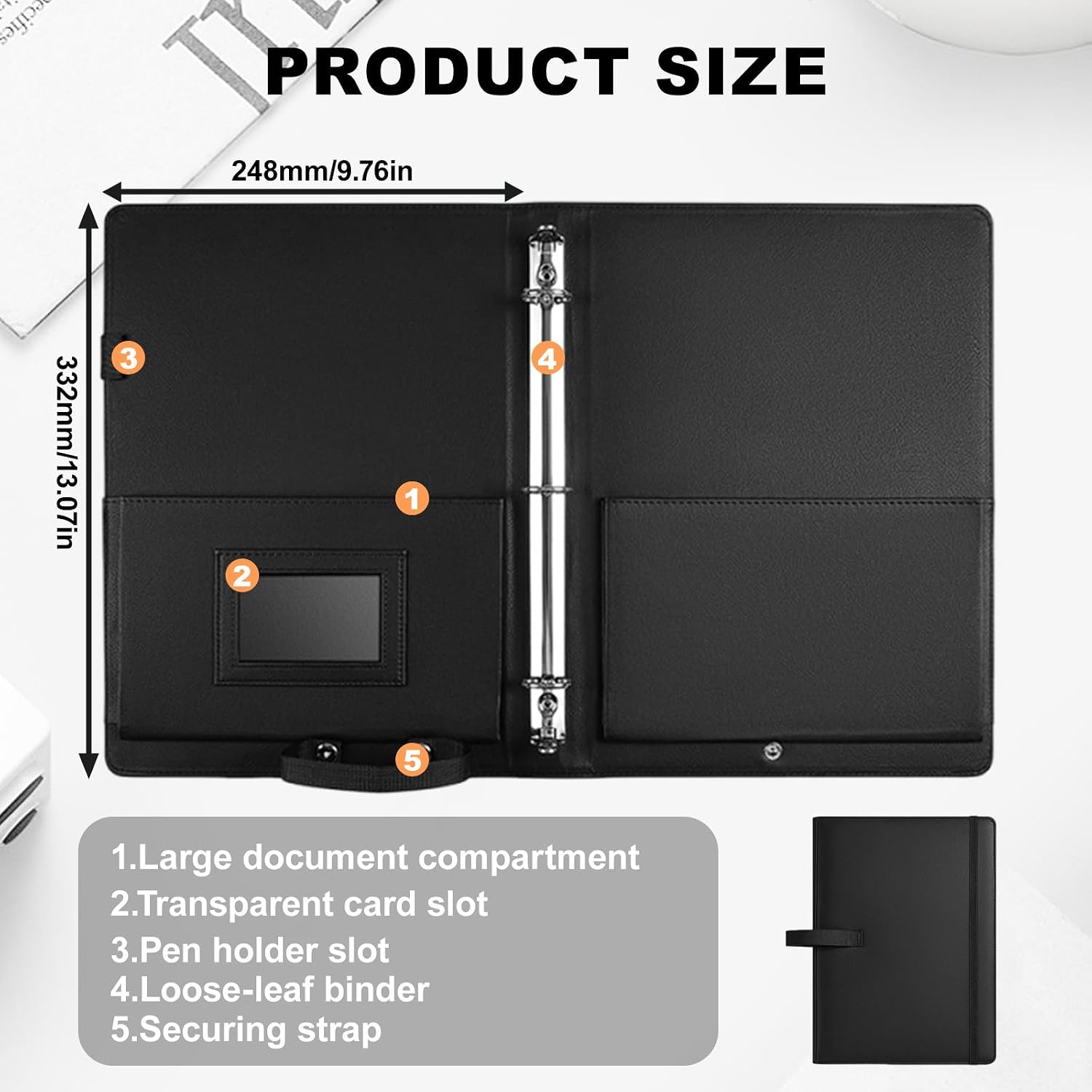 3 Ring Choir Folder,PU Leather Music Binder with Hand Strap,13.07x9.76 Inches Black Music Folder for Sheet Music,Choir,Stage Performance