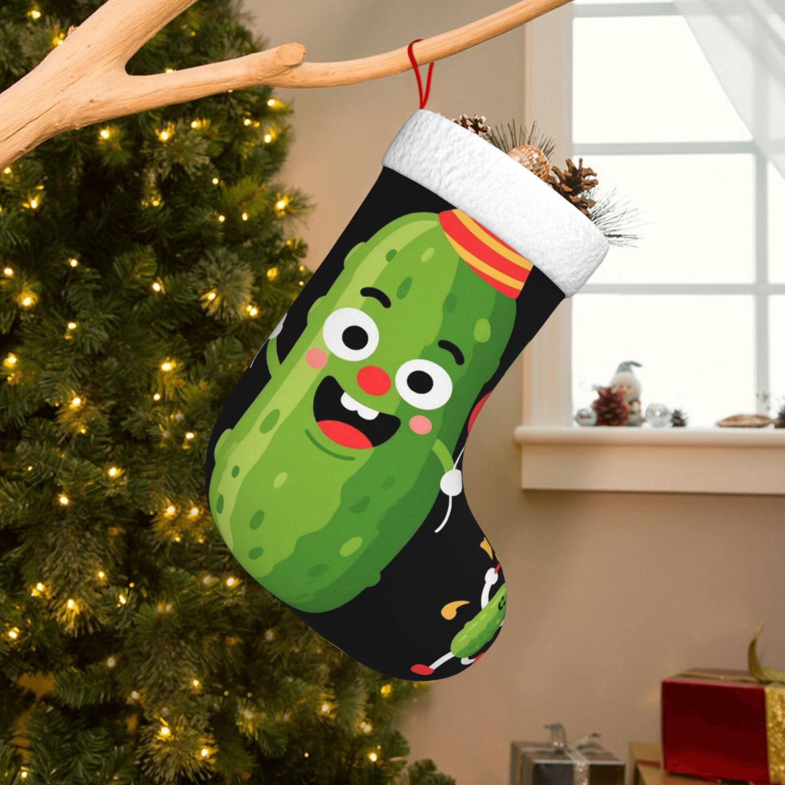Velvet Christmas Stockings 17.7 Inch, Funny Pickle Xmas Stocking with Soft Cuff,Classic Personalized Christmas Tree Decoration for Family Holiday New Year Party Supplies