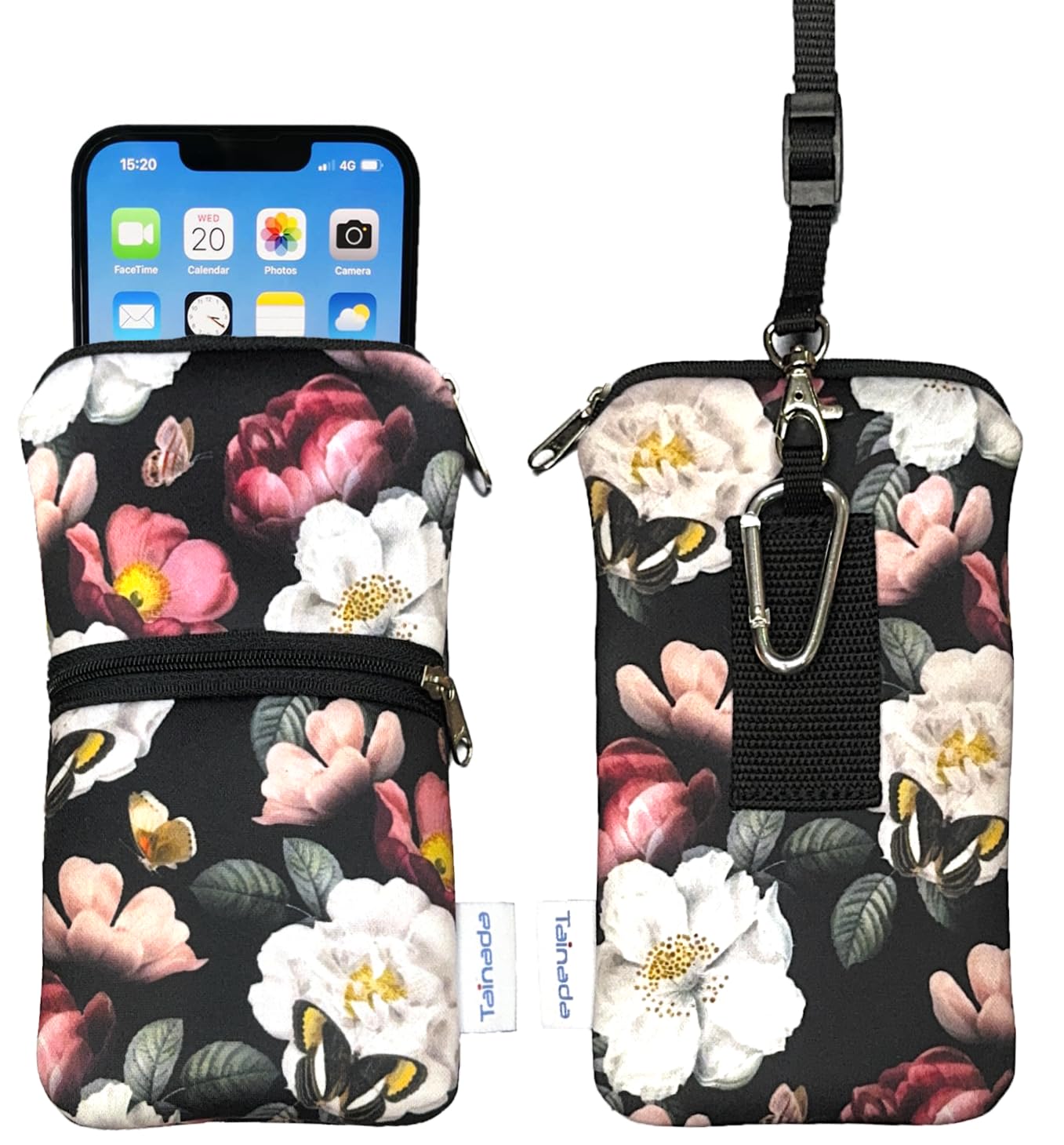 Tainada Dual Zipper Neck Phone Holder Pouch w/Belt Loop (Black Floral) | For Men/Women; Water-resistant neoprene material, shockproof, lightweight, w/carabiner; Compatible with most of smartphones