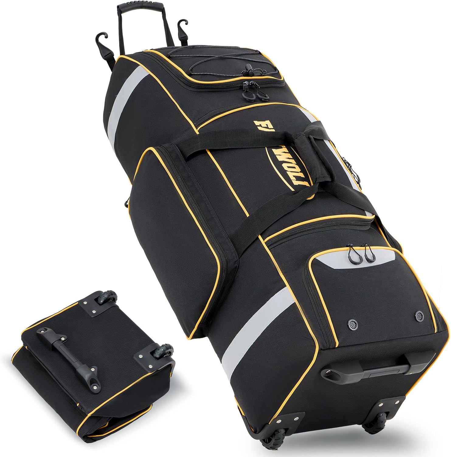 Fanwoli 81L Rolling Baseball Bag with Wheels, Softball Catchers Gear Bags for 4 Bats (Fits Up To 34), Separate Shoe Compartment, Safety Reflective Strip, Fence Hook, Foldable T-Bag for Youth & Adult