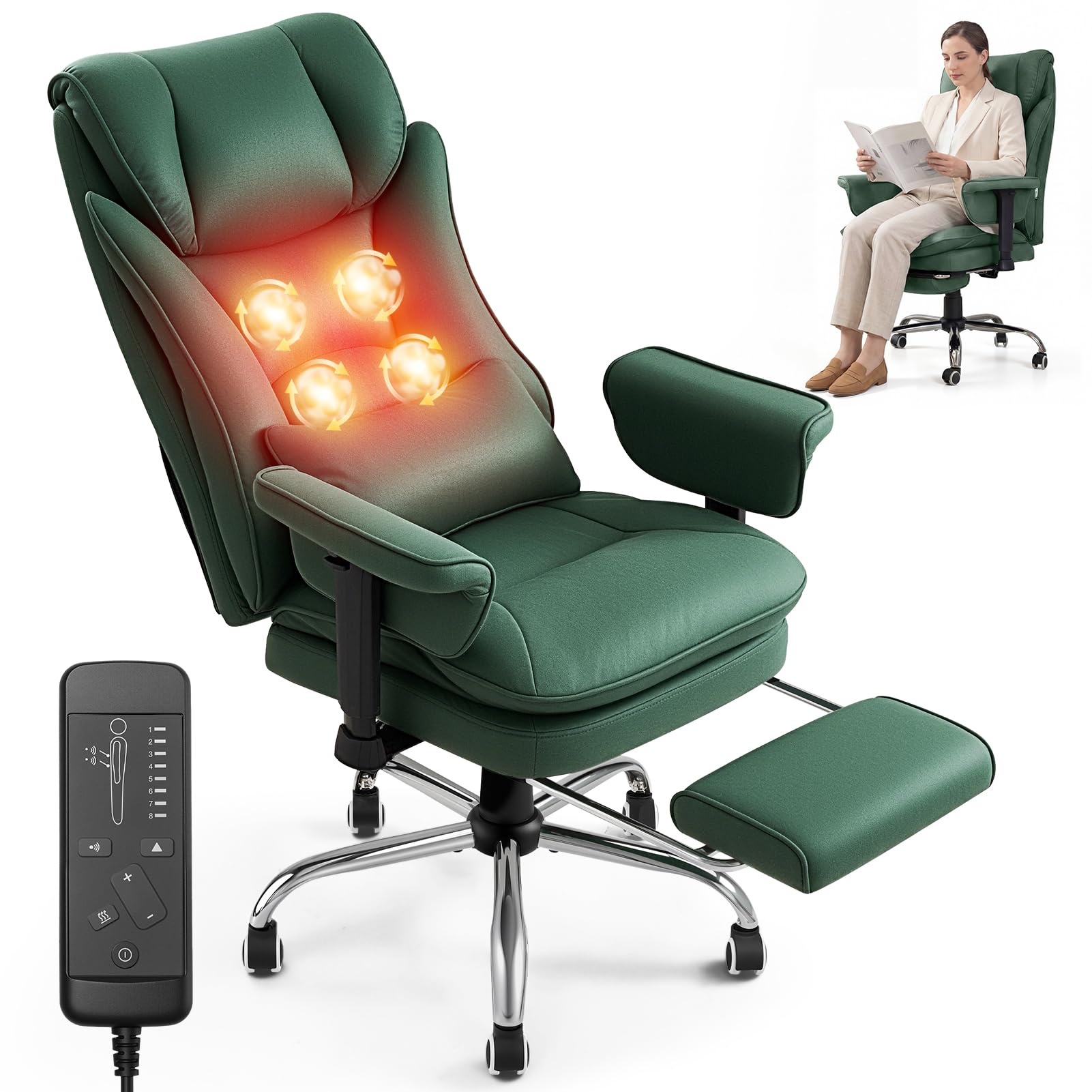 Warmiehomy Massage Office Chair with 4-Point Heated, 155° Reclining, Ergonomic Office Chair with Footrest & Lumbar Pillow, Heavy Duty Executive Computer Chair for Home Office (Tech Fabric, Green)