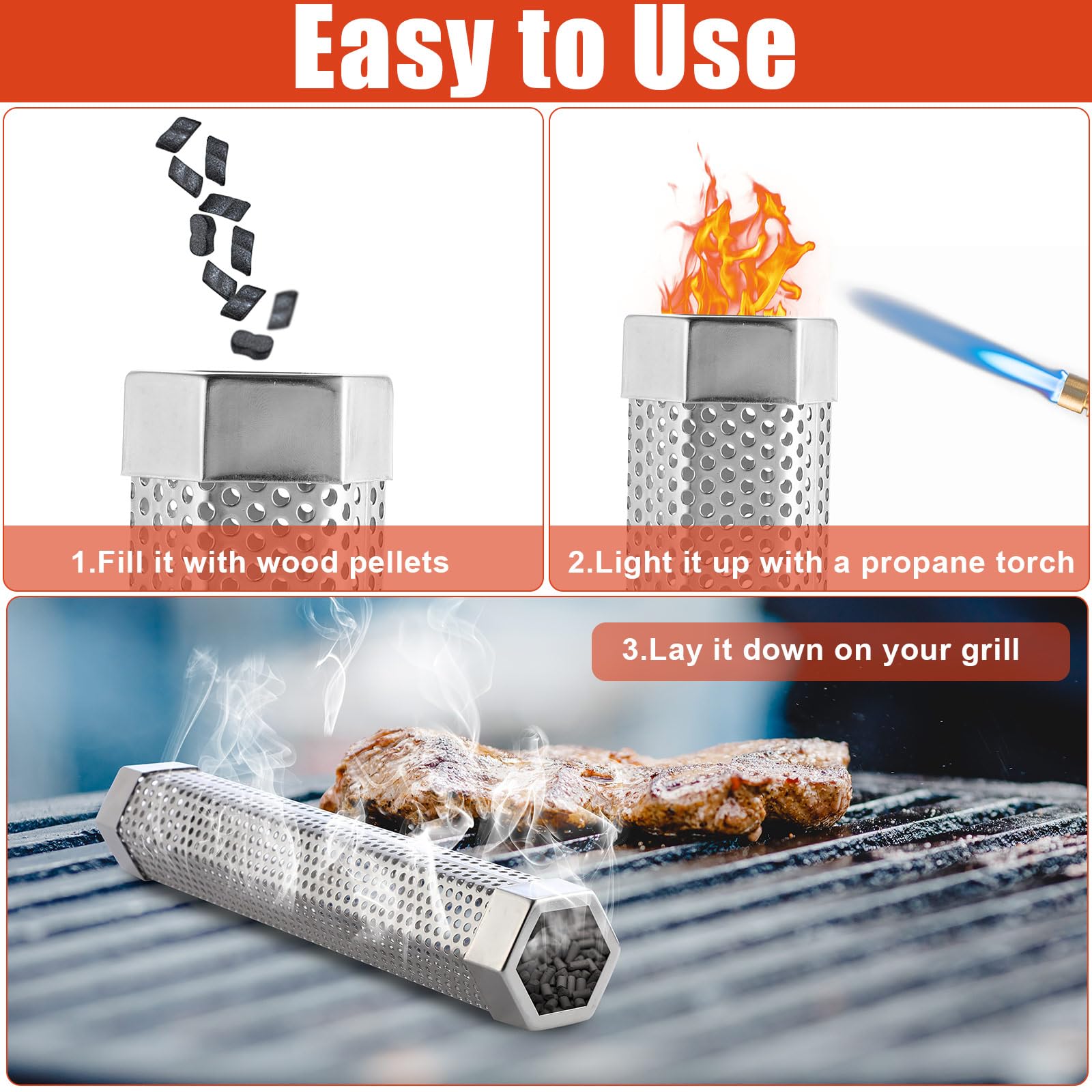 Paquete de 6 tubos de ahumador de pellets de 12 pulgadas para parrilla de pellets de acero inoxidable para ahumar en caliente o frío con 3 cepillos portátiles para barbacoa a gas 4