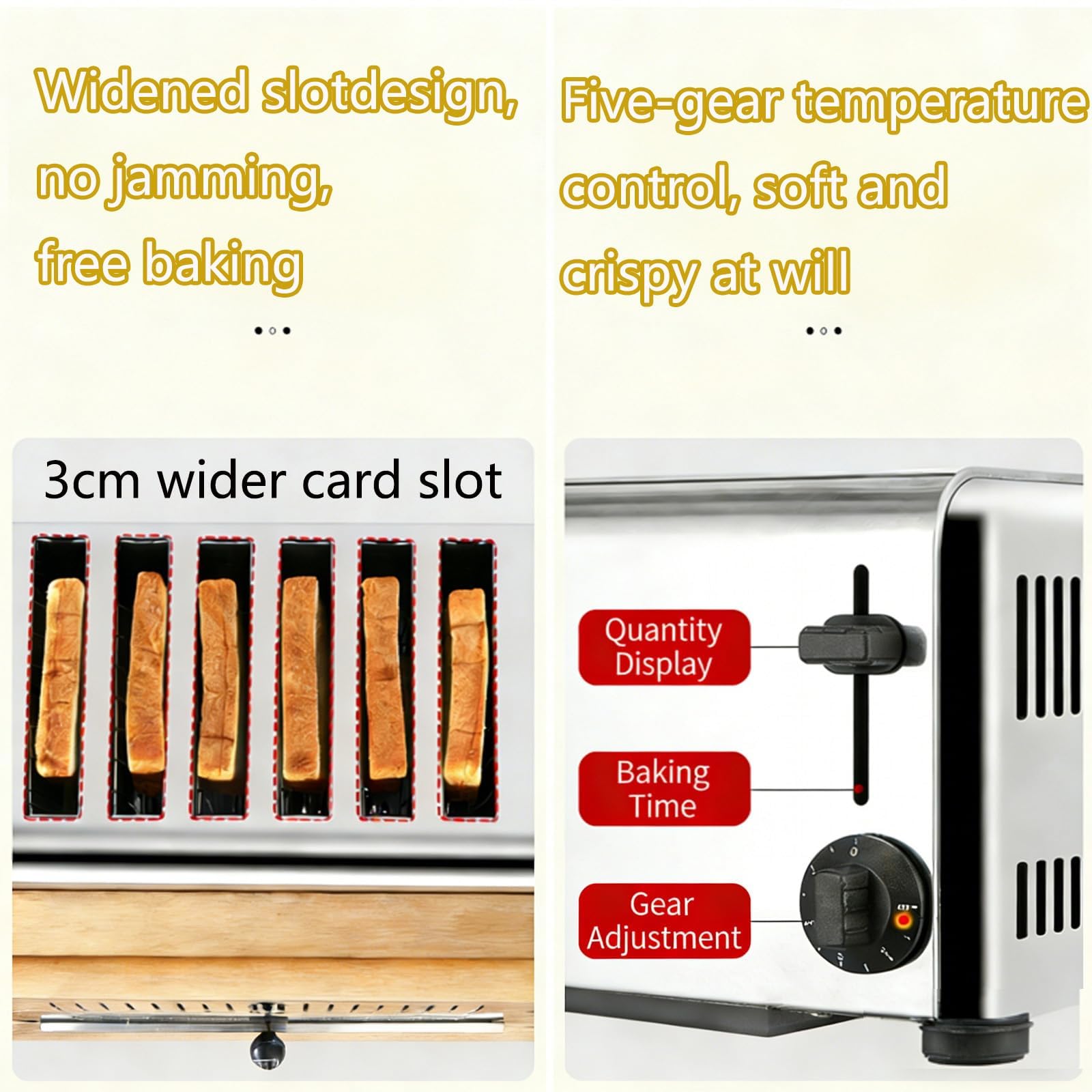 Horno tostador de 4/6 Uds con ajustes ajustables, calentamiento rápido y uniforme de grado comercial, bandeja para migas extraíble y ranura para tarjetas ancha 4 slices