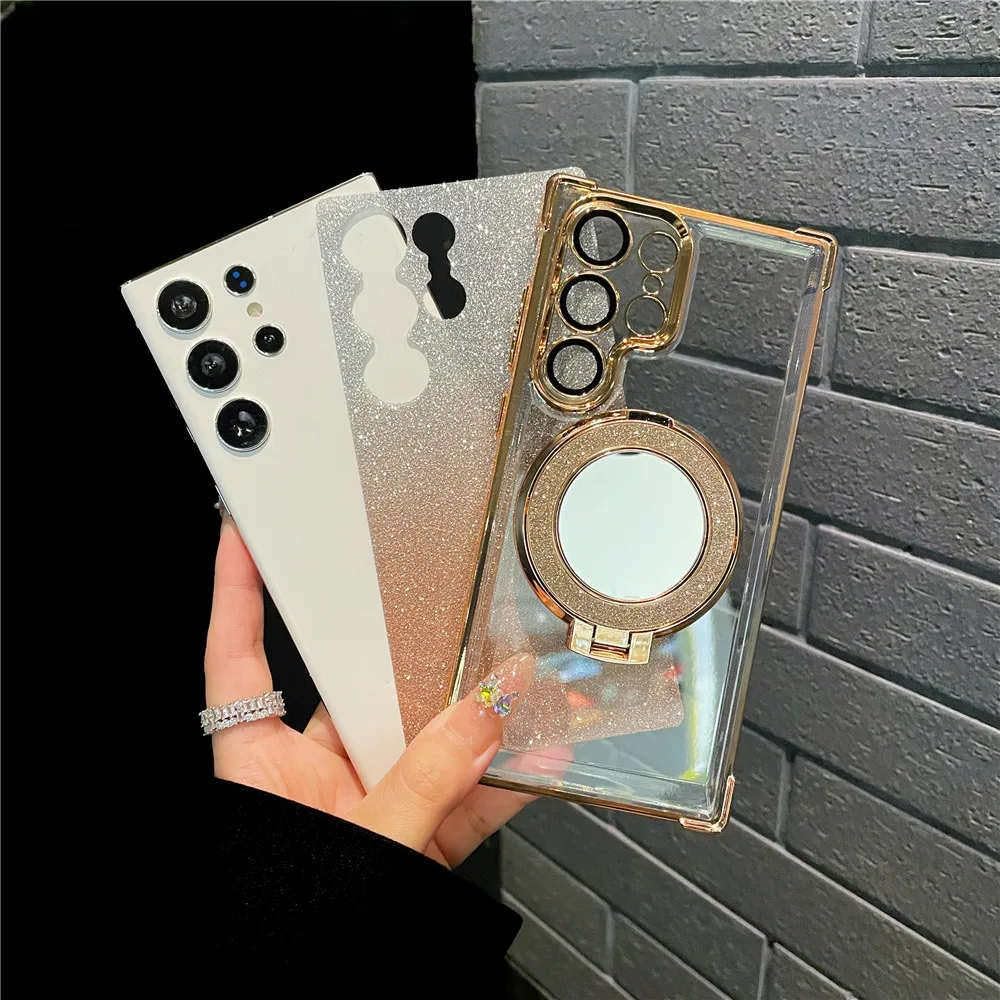 Custodia a specchio con brillantini e supporto ad anello per Samsung S24, S23, S22, S21, S20, Note20, 10 Plus, Ultra FE, custodia per ricarica wireless, argento, per Samsung S20 Plus