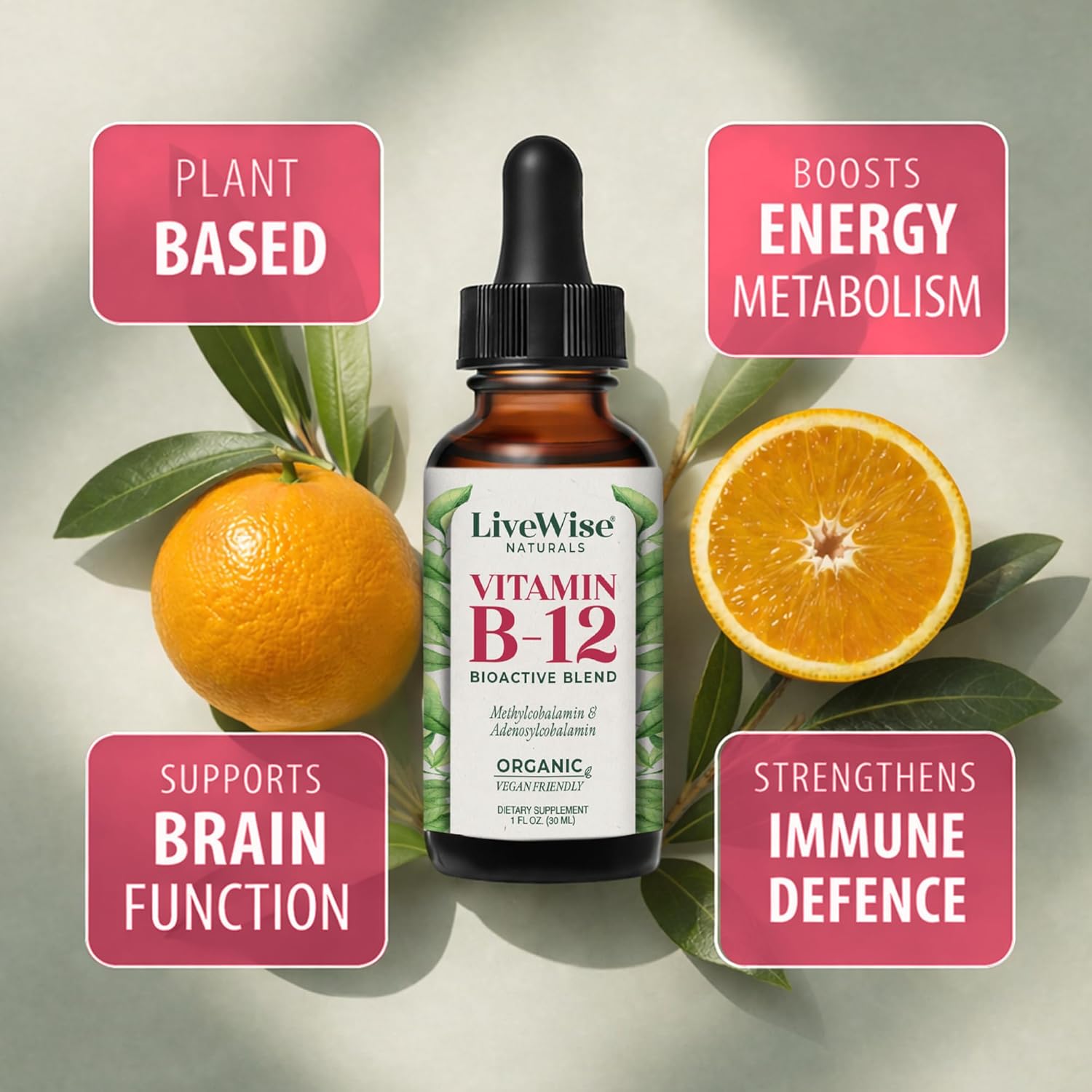 Organic Vitamin B12 1000 mcg Sublingual Liquid Drops For Adults, 6 Months Supply 1 oz, Methylcobalamin & Adenosylcobalamin - Bioactive Blend for Energy, Clarity & Focus - Vegan, Non-GMO, Unflavored