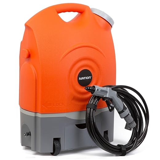 Ivation Multipurpose Portable Spray Washer w/Water Tank - Runs on Built-in Rechargeable Battery, Home Plug and 12v Car Plug - Integrated Roller Wheels