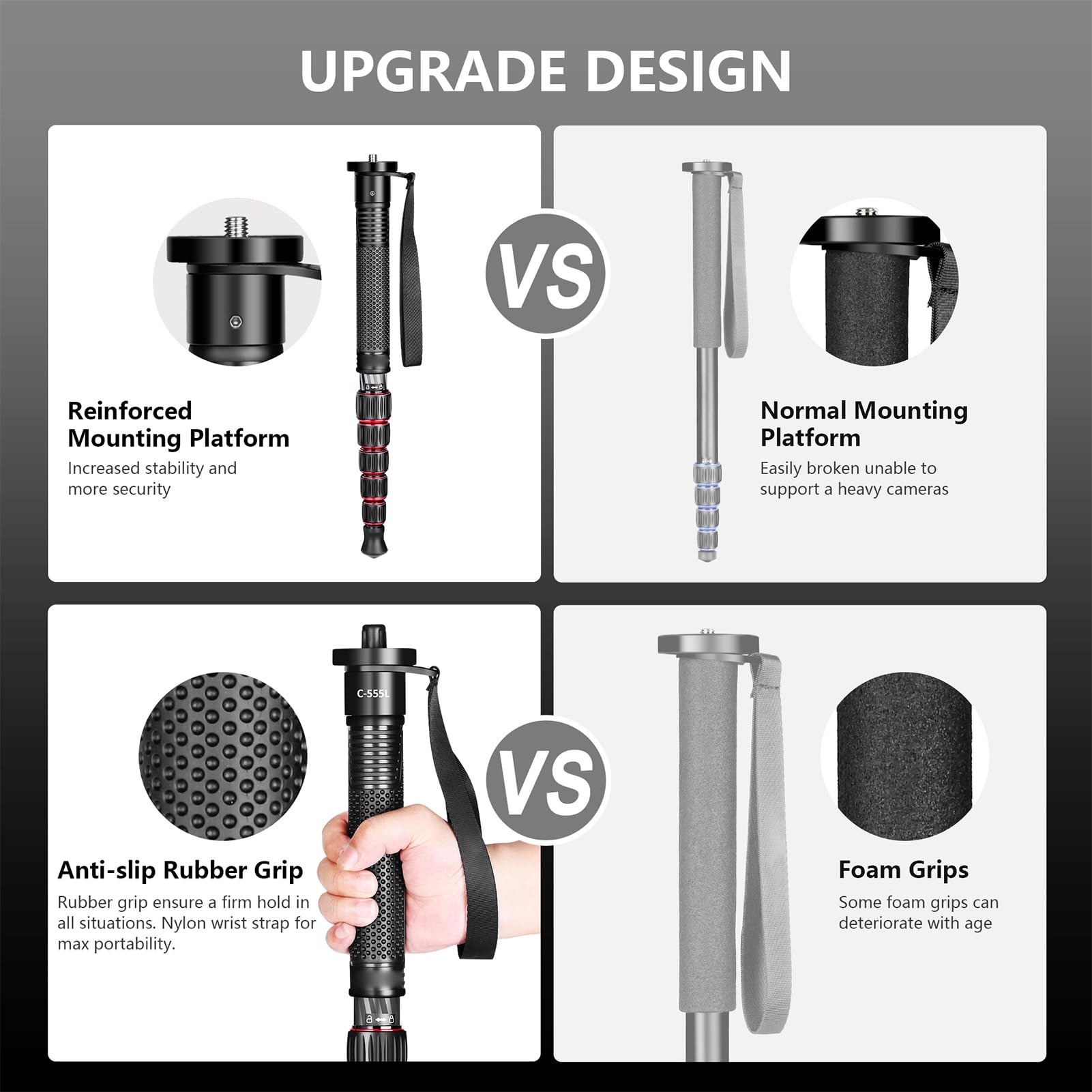 Monopod do Aparatu, 61-calowy Monopod Fotograficzny z Włókna Węglowego, Lekki, Przenośny, ze zdejmowaną główką Kija Wspinaczkowego, do Bezlusterkowej Lustrzanki Cyfrowej