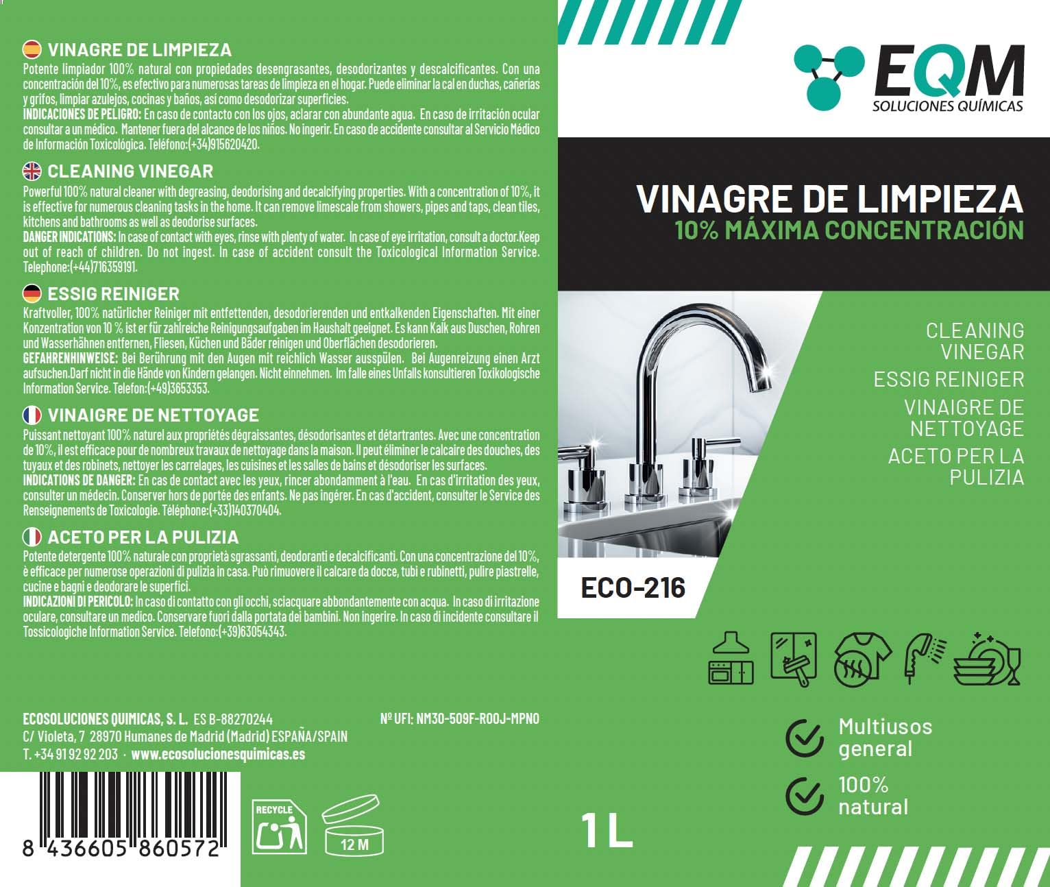 Vinagre de Limpieza Concentrado 1L 10º Acidez 100% Natural Limpiador Multiusos Hogar