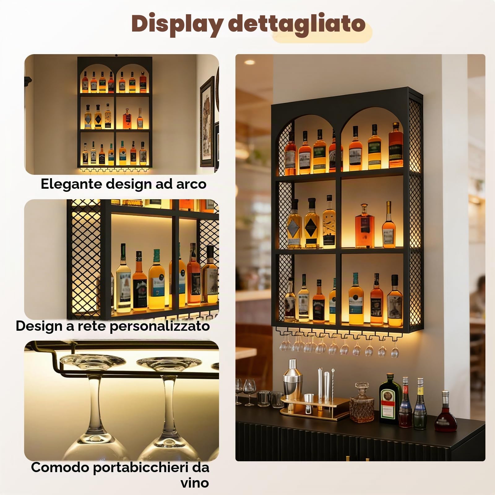 6 celle design ad arco francese Portabottiglie da parete (nero, 80cm)