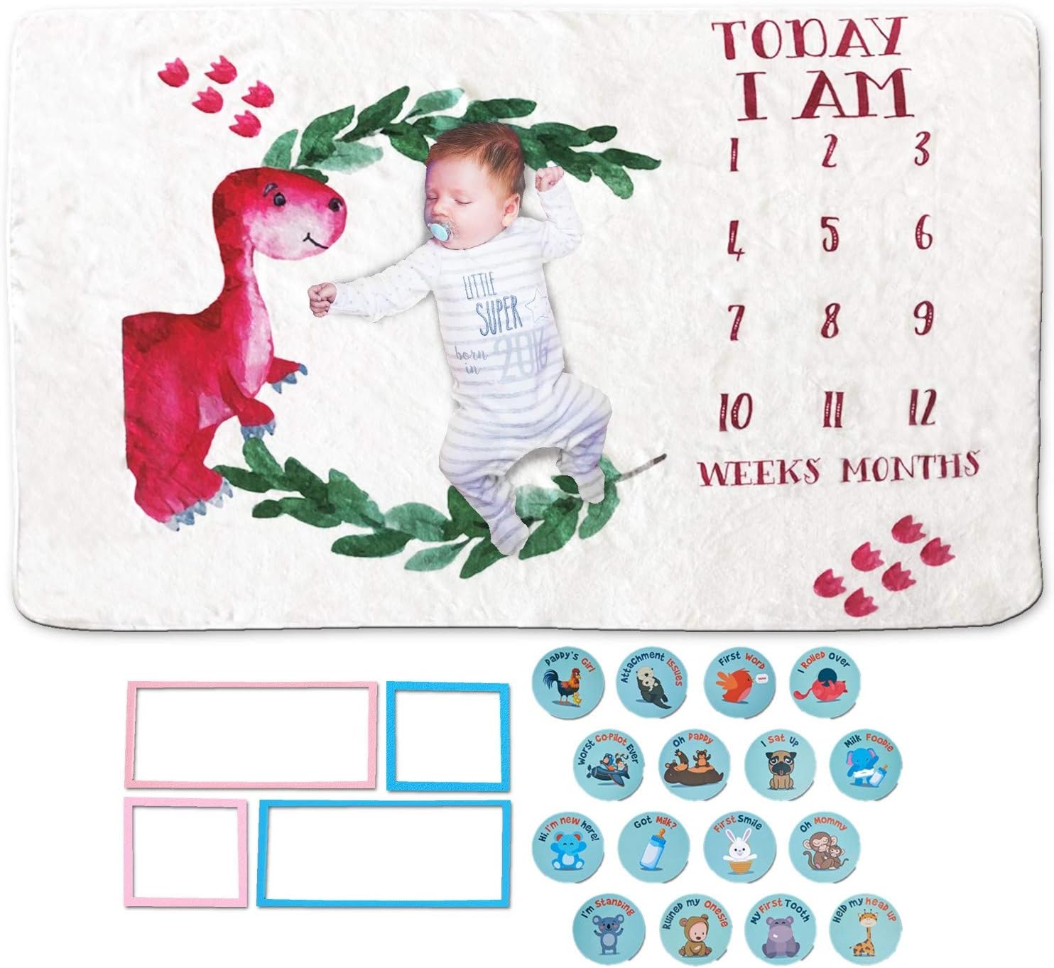 All Prime Monthly Baby Milestone Blanket for Baby Girl or Boy -4 Designs- Includes 16 Fun Stickers & 4 Frames -Baby Monthly Milestone Blanket - Cute Design on Ultra-Soft Fleece (Dinosaur)