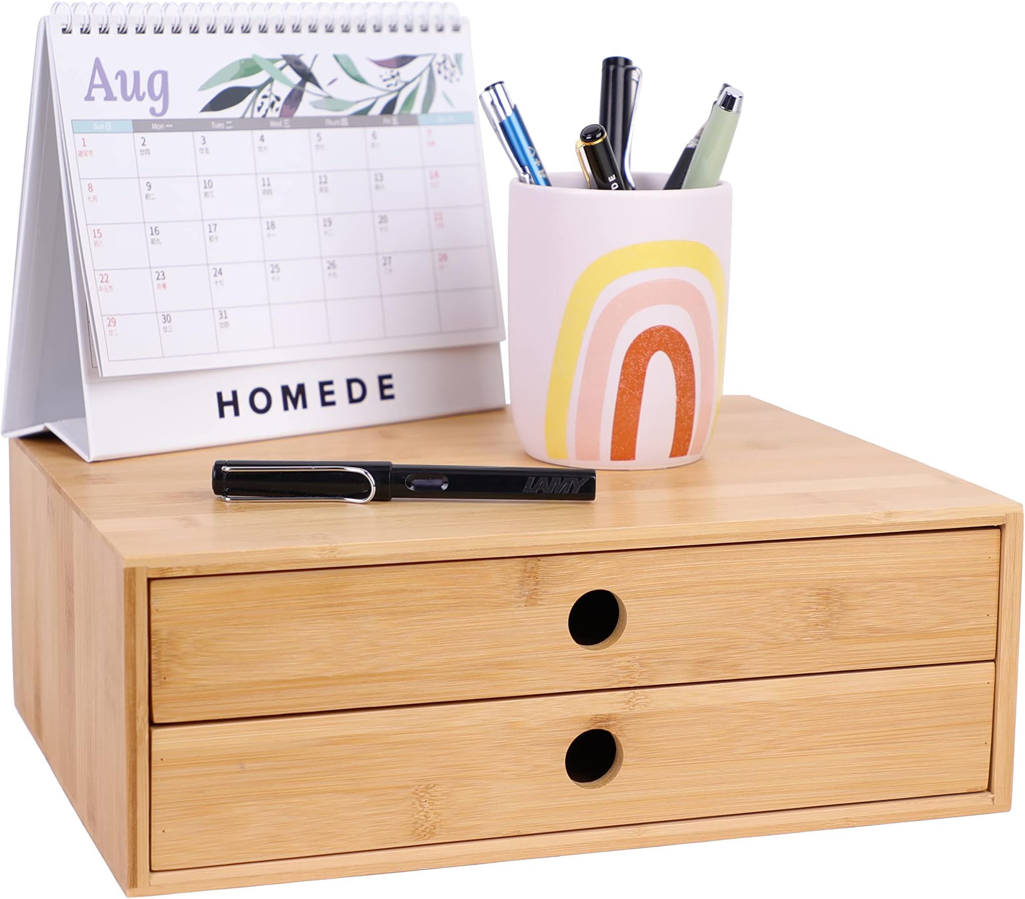 GREEHOMEDE 3 Tier Bamboo Desktop Organizer with 2 Drawers, Mini Desk Organizer Tabletop Craft Box Office Home Toiletries Supplies Vanity, Portable Desk Letter Mail Sorter, No Assembly Required