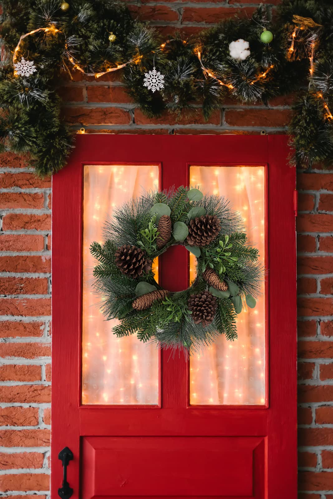 Oairse Ø46cm Kunstpflanzenkranz mit flammenloser LED-Kerze und Glashalter, Weihnachtskerzenkranz für Tischdekoration, für Weihnachtsdekorationen für Indoor und Outdoor Christmas Thanksgiving