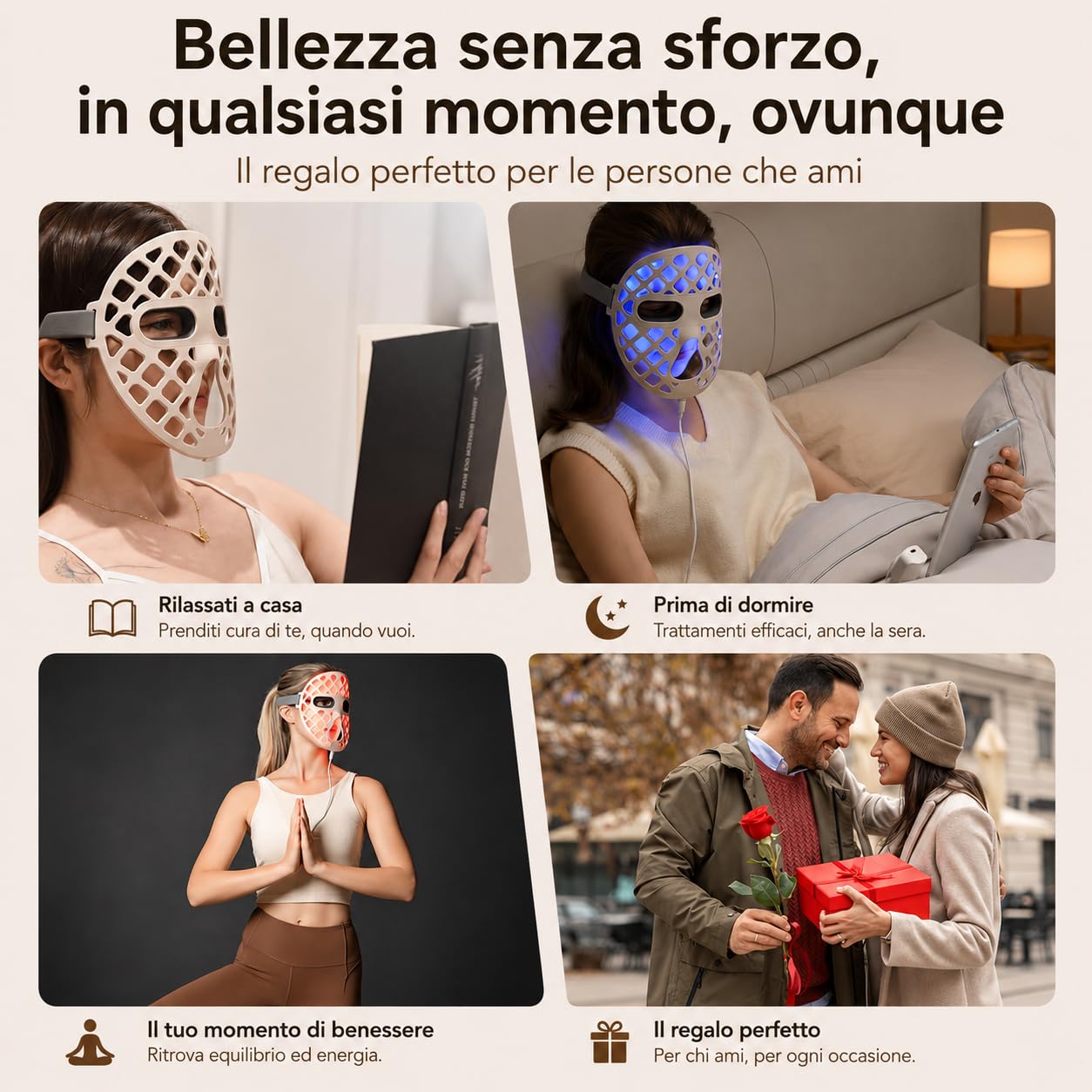 Skeen Mask Maska LED z płynnego silikonu do twarzy, 4 kolory (czerwony, podczerwień, niebieski, żółty) – 54 diody LED o wysokiej intensywności, przeciwstarzeniowe, fotobiostymulacja, wodoodporna (IP68