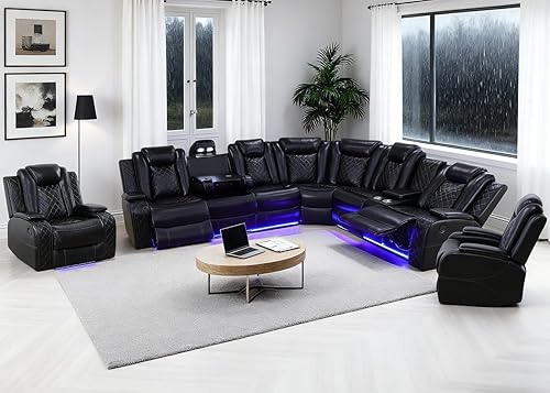 Miniatura 35 de Juego de sofá seccional reclinable eléctrico con luz LED, sofá esquinero reclinable de cuero y silla, muebles reclinables de teatro con Crema