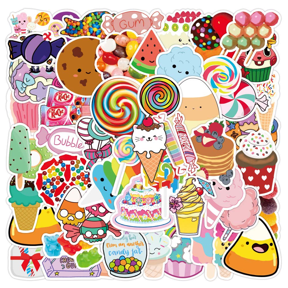 Bric Dodo 50Pcs Colorful Candies Skateboard Stickers For Laptop Car Bike Helmet Phone Guitar Cute Stickers Vinyl Stickers Waterproof Aesthetic Sticker Pack