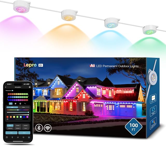 Lepro E1 AI Permanent Outdoor Lights APP Control, 100ft 60 LED RGBCW+IC, Tunable White, Works with Alexa & Google, 2.4GHz WiFi/Bluetooth, House Eave Light for Christmas Halloween, No Remote