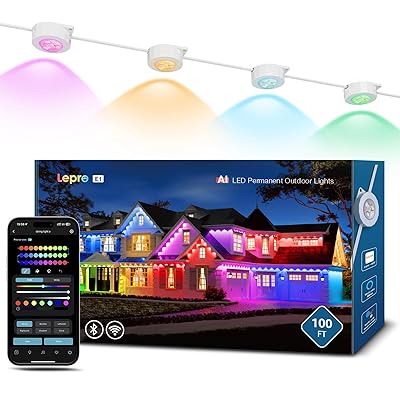 Lepro E1 AI Permanet Outdoor Lights, 100ft 60 LED RGB+IC+Warm/Cool White Smart Outside Light for House Christmas Decor, Alexa Google Enabled, 2.4 GHz WiFi/Bluetooth, APP Control NO Remote Controller