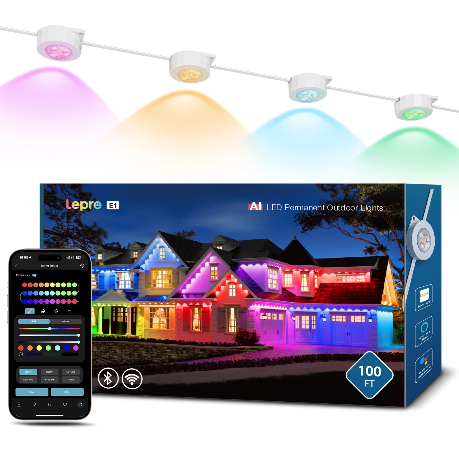 Lepro E1 AI Permanent Outdoor Lights APP Control, 100ft Smart RGB+IC Christmas House Lights with 60 Warm/Cool White LED Pucks, Alexa Google Enabled, AI Generated Lighting LLM, NO Remote, 2.4 GHz WiFi