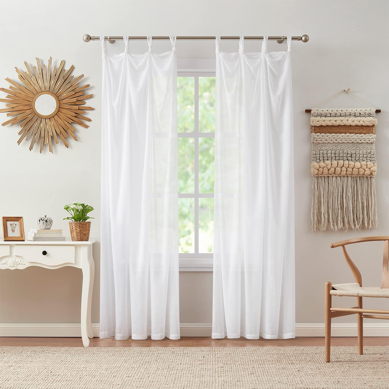 White Sheer Polyester Tab Top Window Curtain Panel, 87" Length