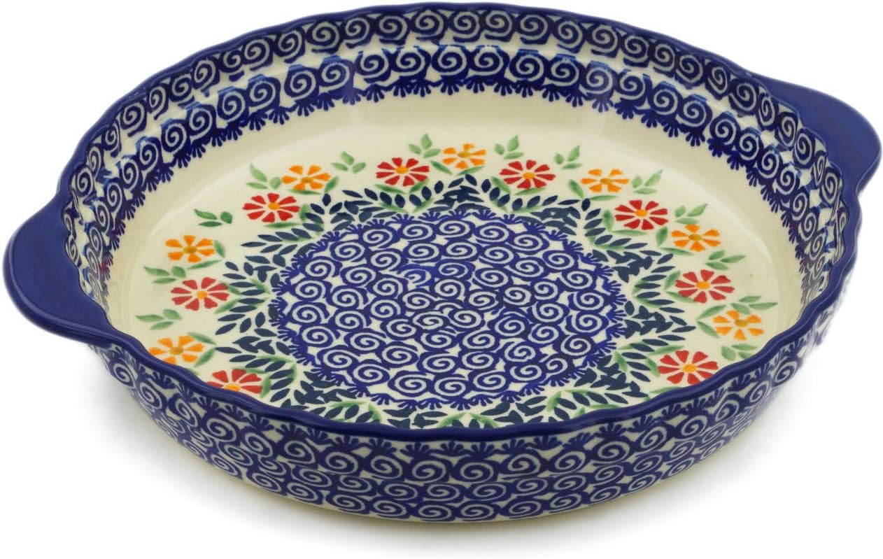 Polmedia Polish Pottery Pie Dish Fluted with Handles - Wave Of Flowers Pattern Handmade in Boleslawiec Poland + Certificate of Authenticity