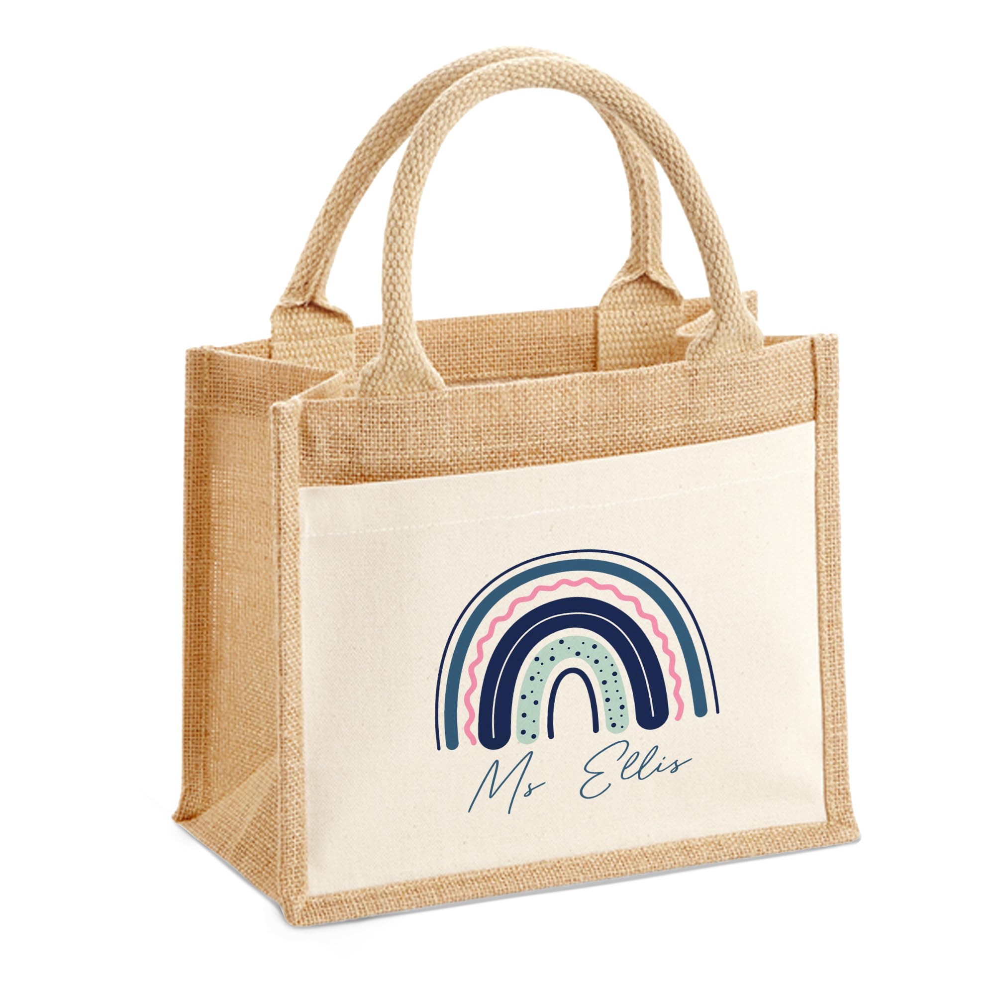 Print Maniacs Personalised Rainbow Tote Bag With Pocket Teacher Gift Custom Name Shopping Bag For Teacher Nursery Assistant School Staff Appreciation Gift End Of Year Thank You Jute Bag