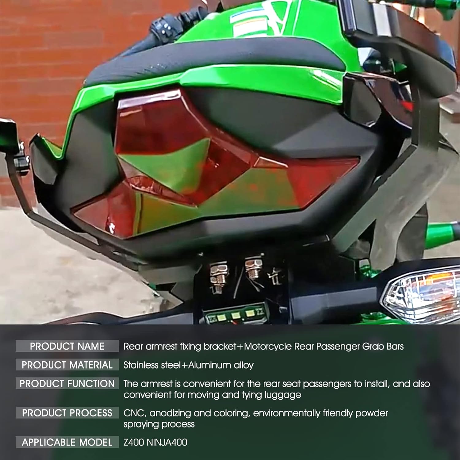 Z400 Motorcycle CNC Aluminum Passenger Grab Bar Rear Seat Rail Handle with Fixing Bracket for Z400 Ninja 400 2019-2024 Black