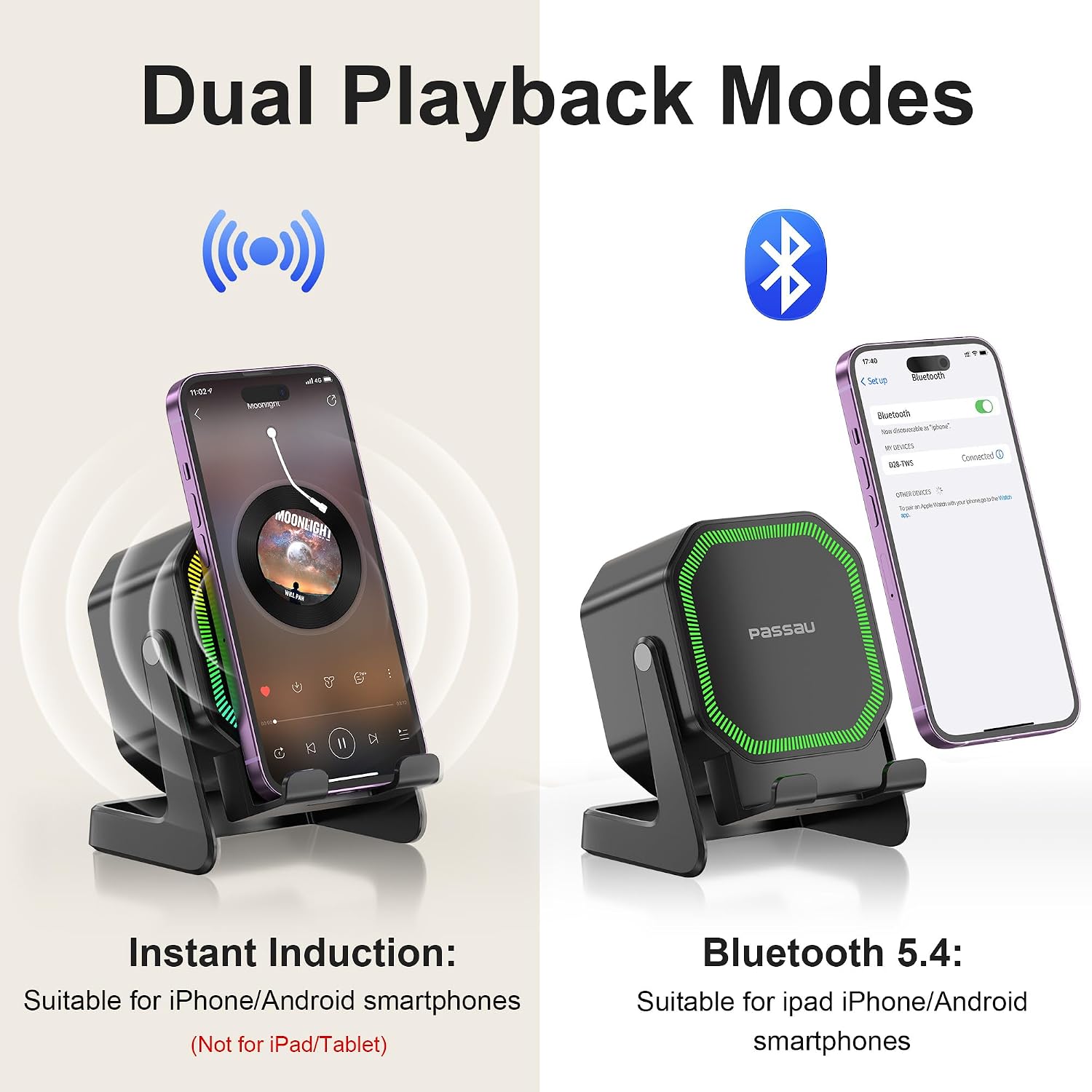 Passau Wireless Induction Speaker All-in-1 Bluetooth Speakers with Phone Stand for iPhone/Android/iPad, BT5.4, Stereo Sound, 7 RGB Lights, 12H Playtime, Cool Tech Gadgets Gifts for Men Women Teens