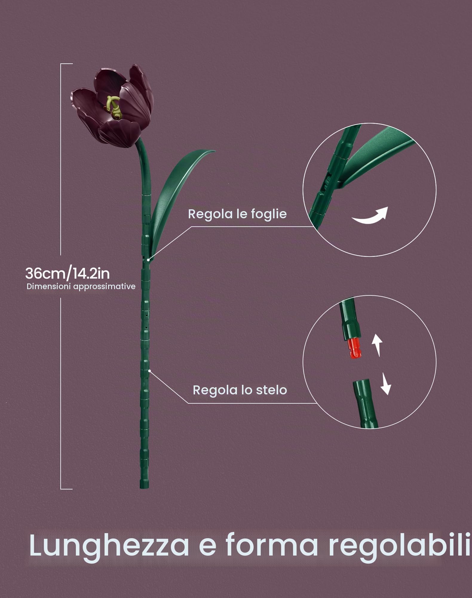 Set da costruzione di fiori di tulipano viola scuro, regalo per la festa della mamma, bouquet di piante artificiali kit di costruzione per la collezione botanica, decorazione della tavola