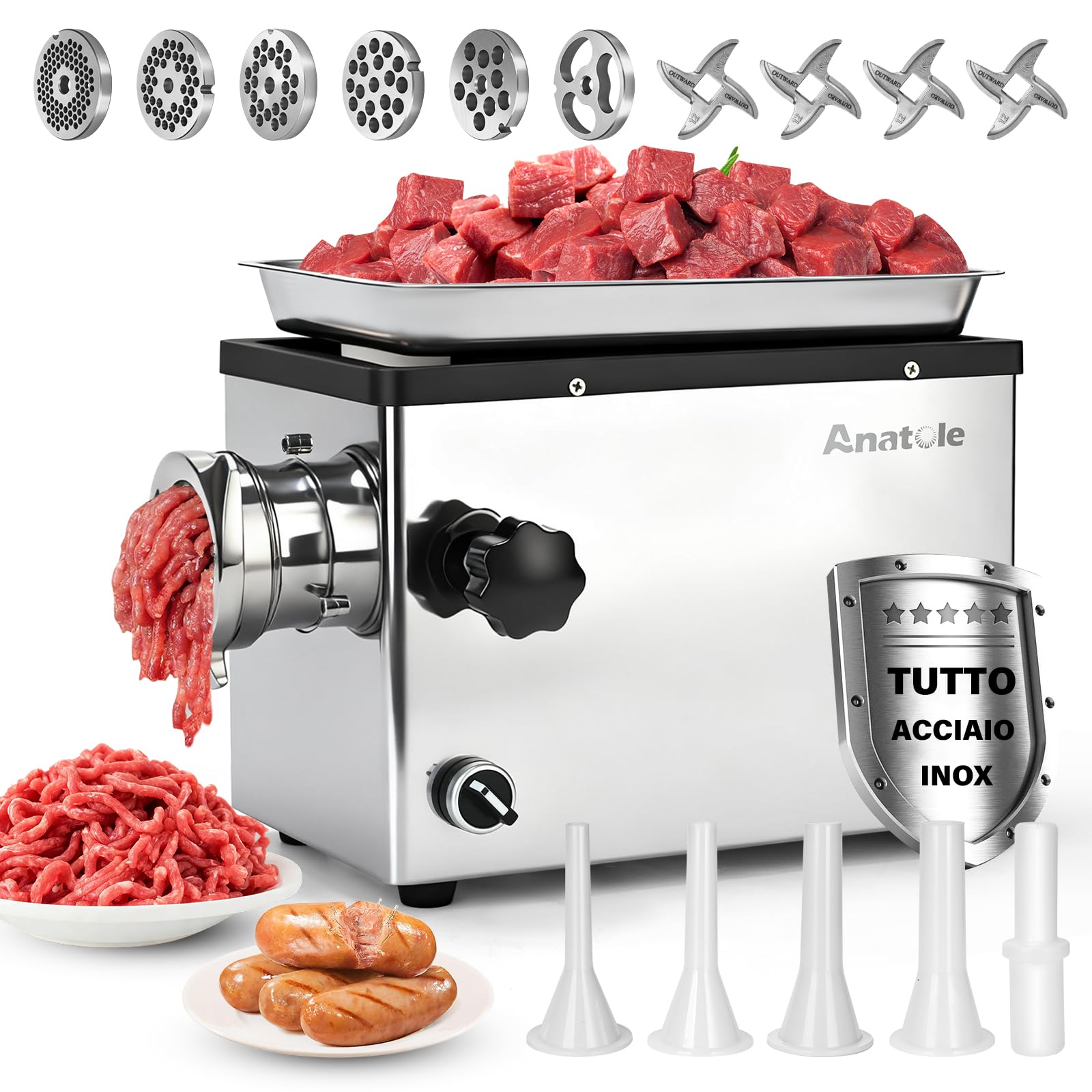 Anatole Tritacarne Elettrico Commerciale 1300W Acciaio Inox Integrale Macchina per Salsicce Multifunzionale con 4/6/8/10/12mm/3-Fori Piastre di Macinazione 1 Insaccatrice per Salsiccia 4 Lame 220V