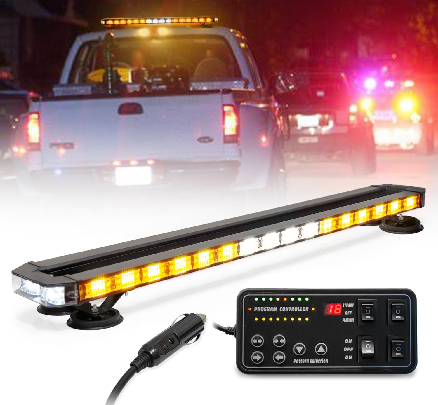 LUMENIX 38 Inch 216 LED Rooftop Strobe Emergency Lights Bar w/Controller Amber Warning Flashing Traffic Lightbar and White Alley Take Down Light for Construction Vehicles Towing Work Trucks Snow Plow