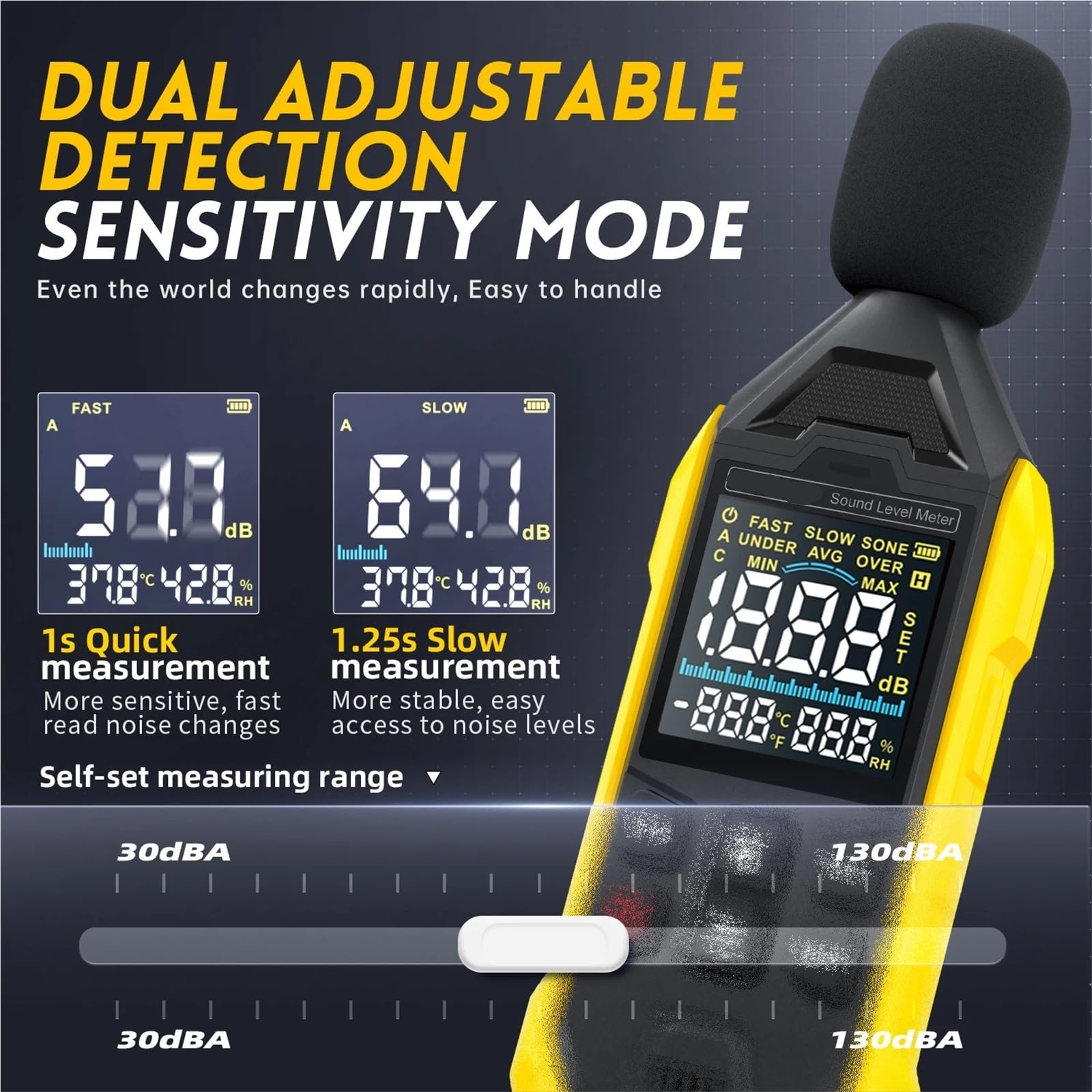 Medidor de decibelios digital, probador de nivel de sonido de peso de 30~130 dB A con termómetro e higrómetro
