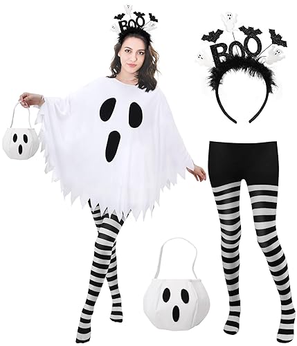 4 Pcs Ghost Costume Adult with Accessories,Ghost Costume Women Poncho/Bag/Headband/Tights